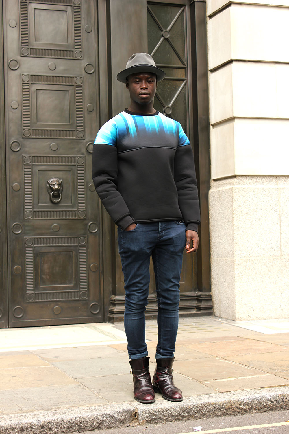 London Collections MEN Street Style Abraham Kamara in AQUA and ZARA