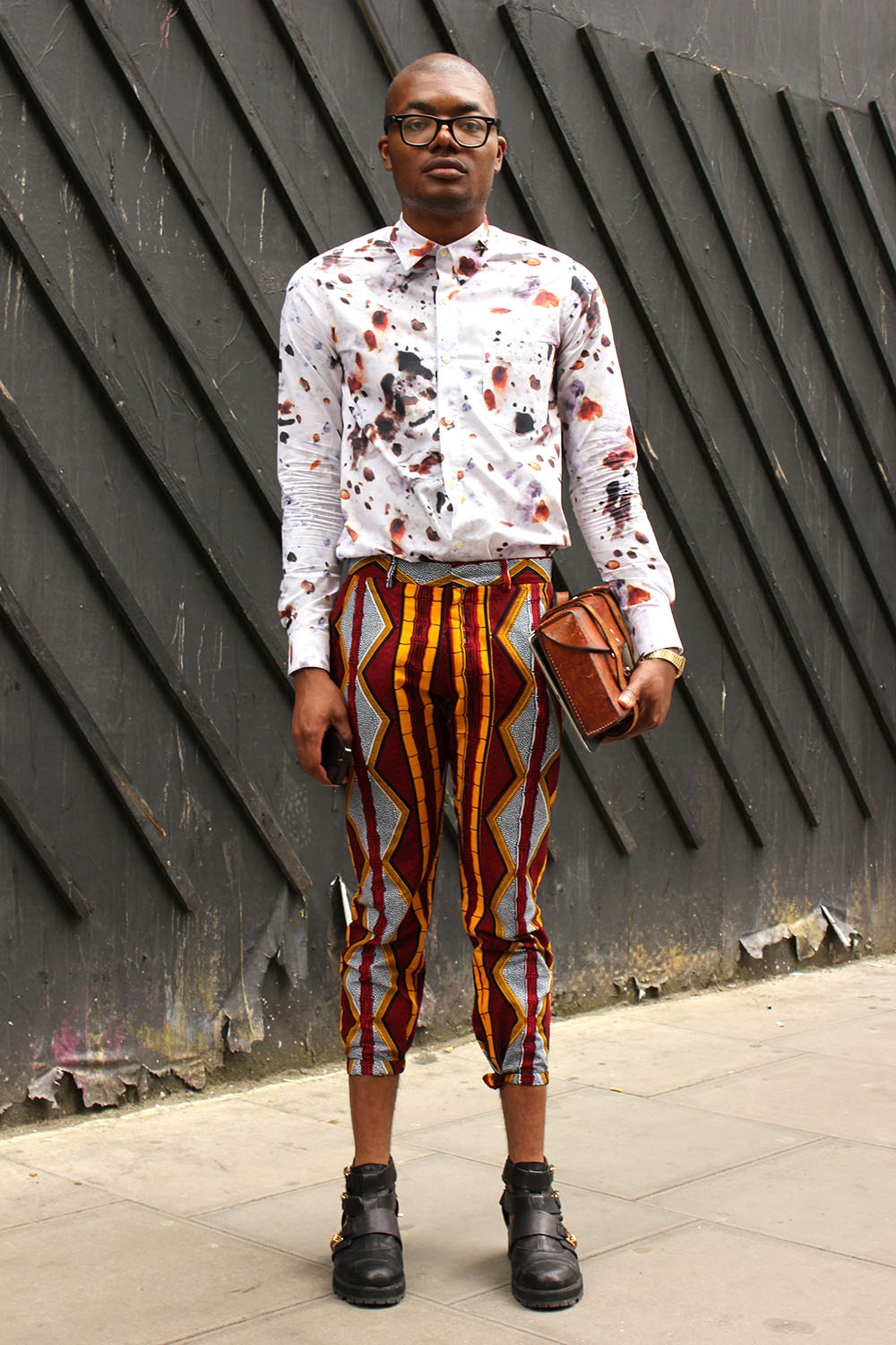 London Collections MEN Street Style Steven George in dent de man, Agi & Sam, Ray-Ban, and Topshop off to E. Tautz