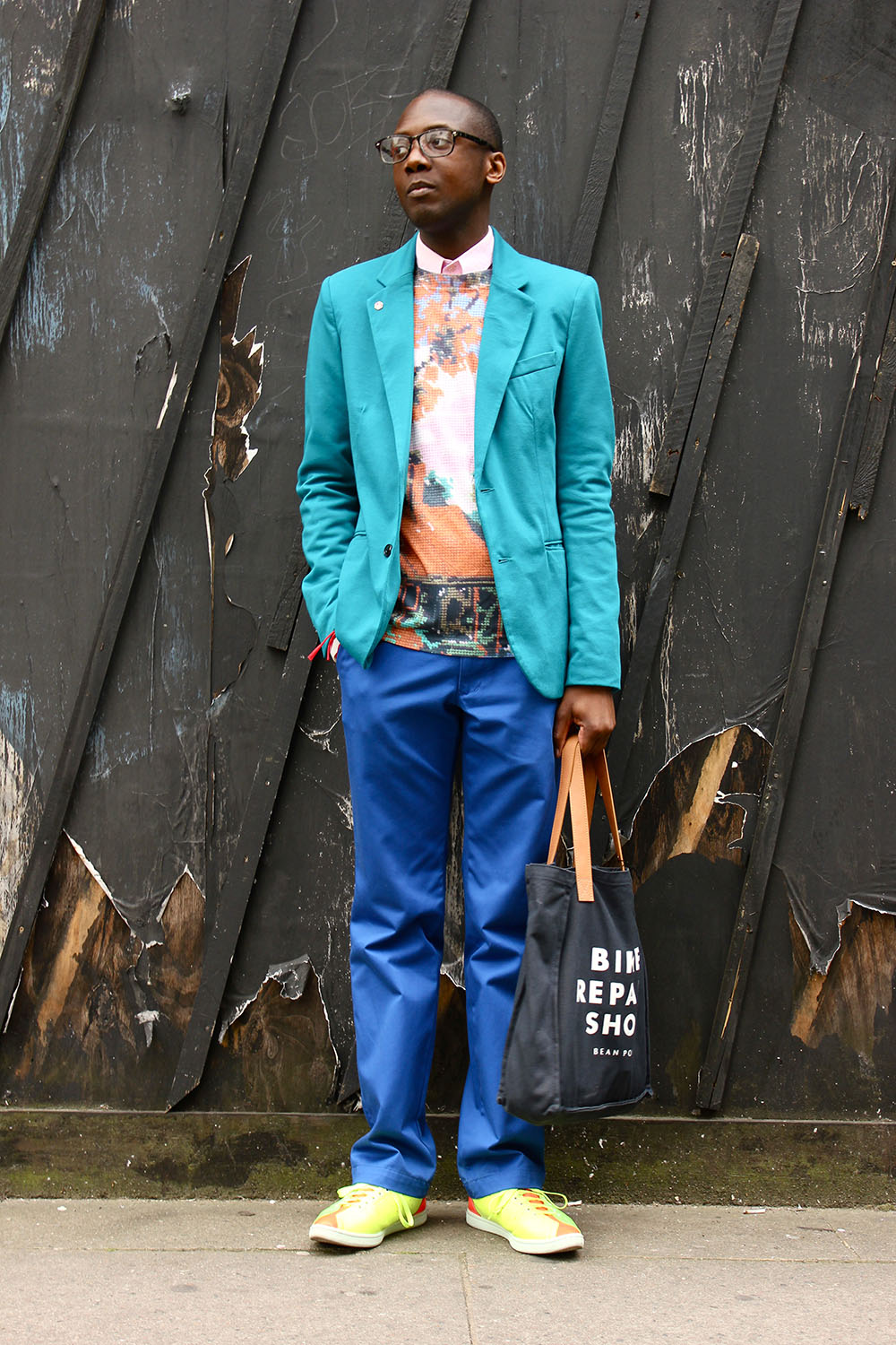 London Collections MEN Street Style Rickardo Maxwell in Jeremy Scott for Adidas, Blazer Zara, top Agy & Sam